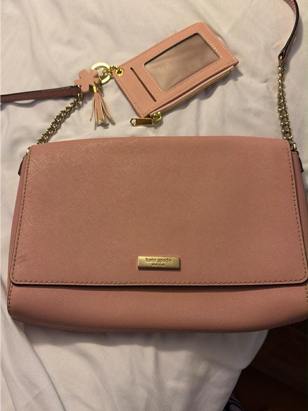 kate spade Pink Saffiano Crossbody Bag with Card Holder and Gold Hardware